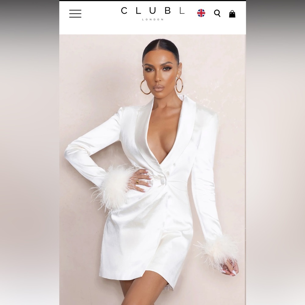 IVORY SATIN PLUNGE NECK BLAZER MINI DRESS WITH FEATHER CUFF